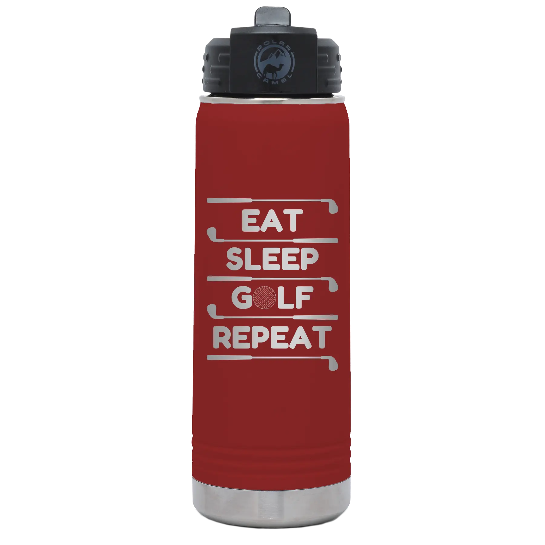 Laser etched maroon 20 oz vacuum insulated water bottle with 'Eat Sleep Golf Repeat' design