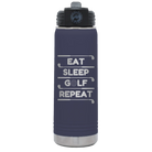 Laser etched navy 20 oz vacuum insulated water bottle with 'Eat Sleep Golf Repeat' design