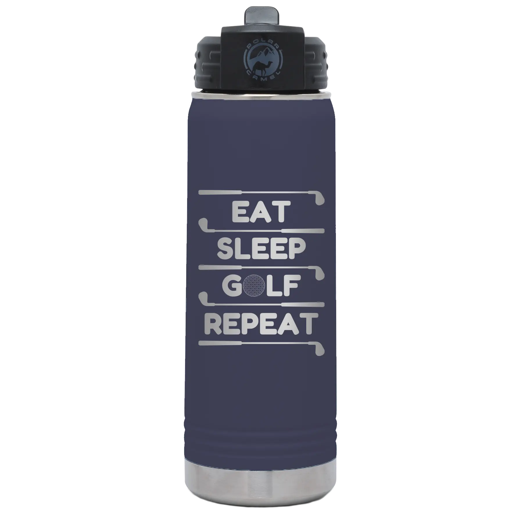 Laser etched navy 20 oz vacuum insulated water bottle with 'Eat Sleep Golf Repeat' design