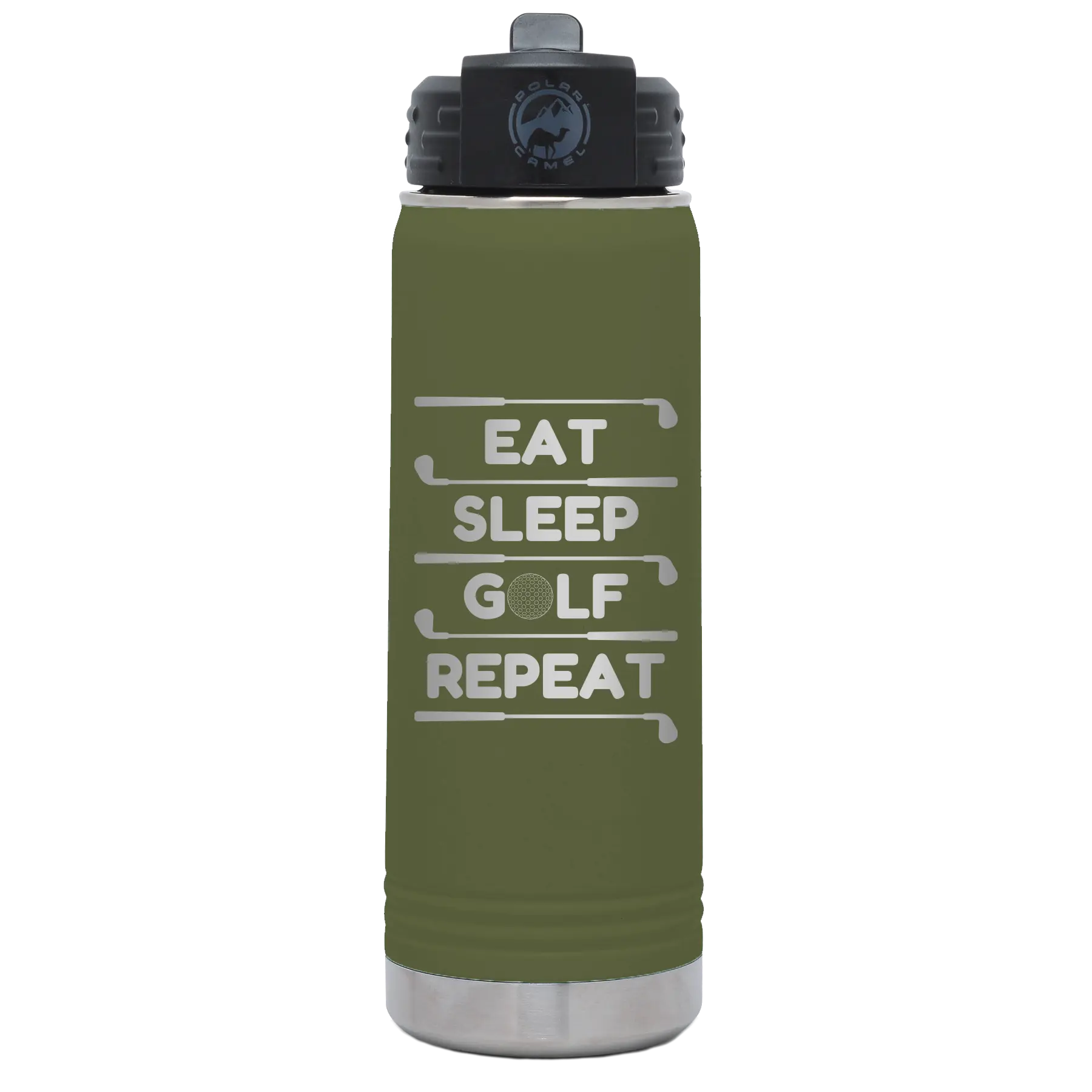 Laser etched olive green 20 oz vacuum insulated water bottle with 'Eat Sleep Golf Repeat' design