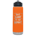 Laser etched orange 20 oz vacuum insulated water bottle with 'Eat Sleep Golf Repeat' design