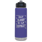 Laser etched purple 20 oz vacuum insulated water bottle with 'Eat Sleep Golf Repeat' design