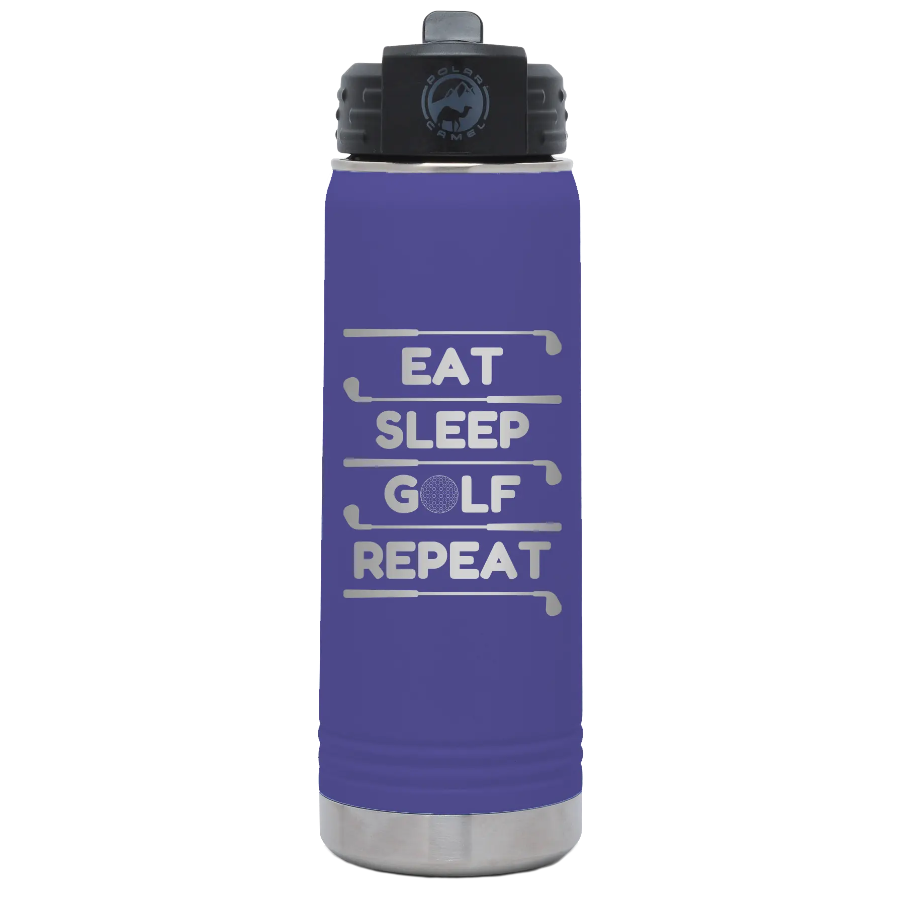Laser etched purple 20 oz vacuum insulated water bottle with 'Eat Sleep Golf Repeat' design