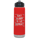Laser etched red 20 oz vacuum insulated water bottle with 'Eat Sleep Golf Repeat' design