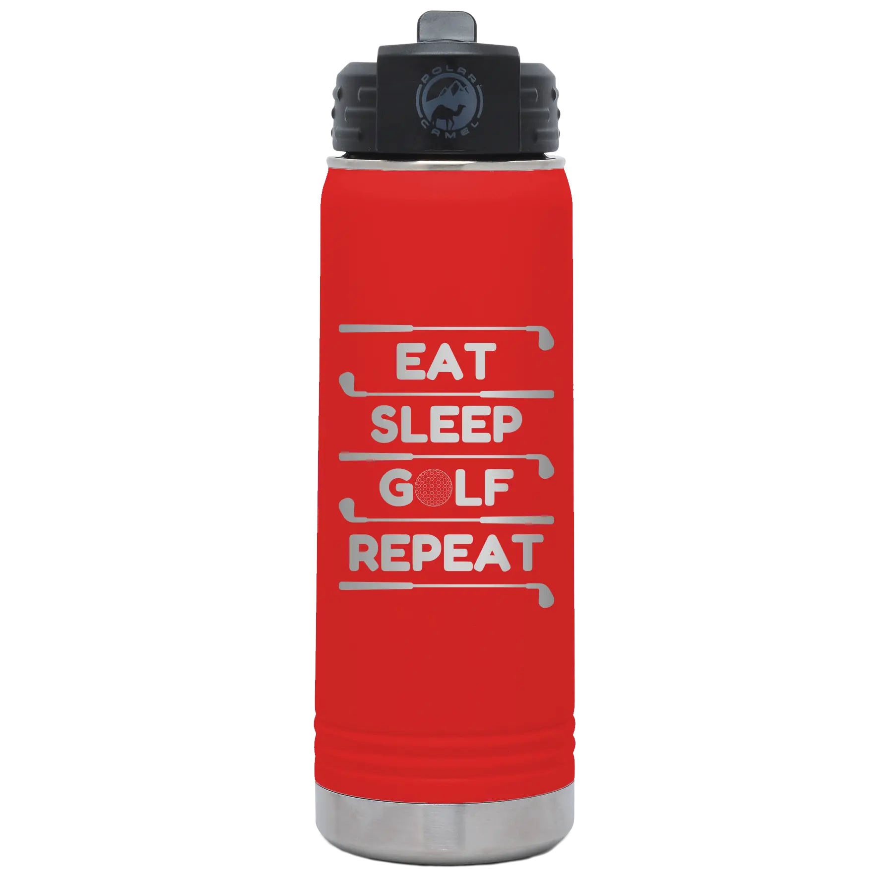 Laser etched red 20 oz vacuum insulated water bottle with 'Eat Sleep Golf Repeat' design