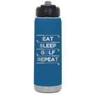 Laser etched royal blue 20 oz vacuum insulated water bottle with 'Eat Sleep Golf Repeat' design