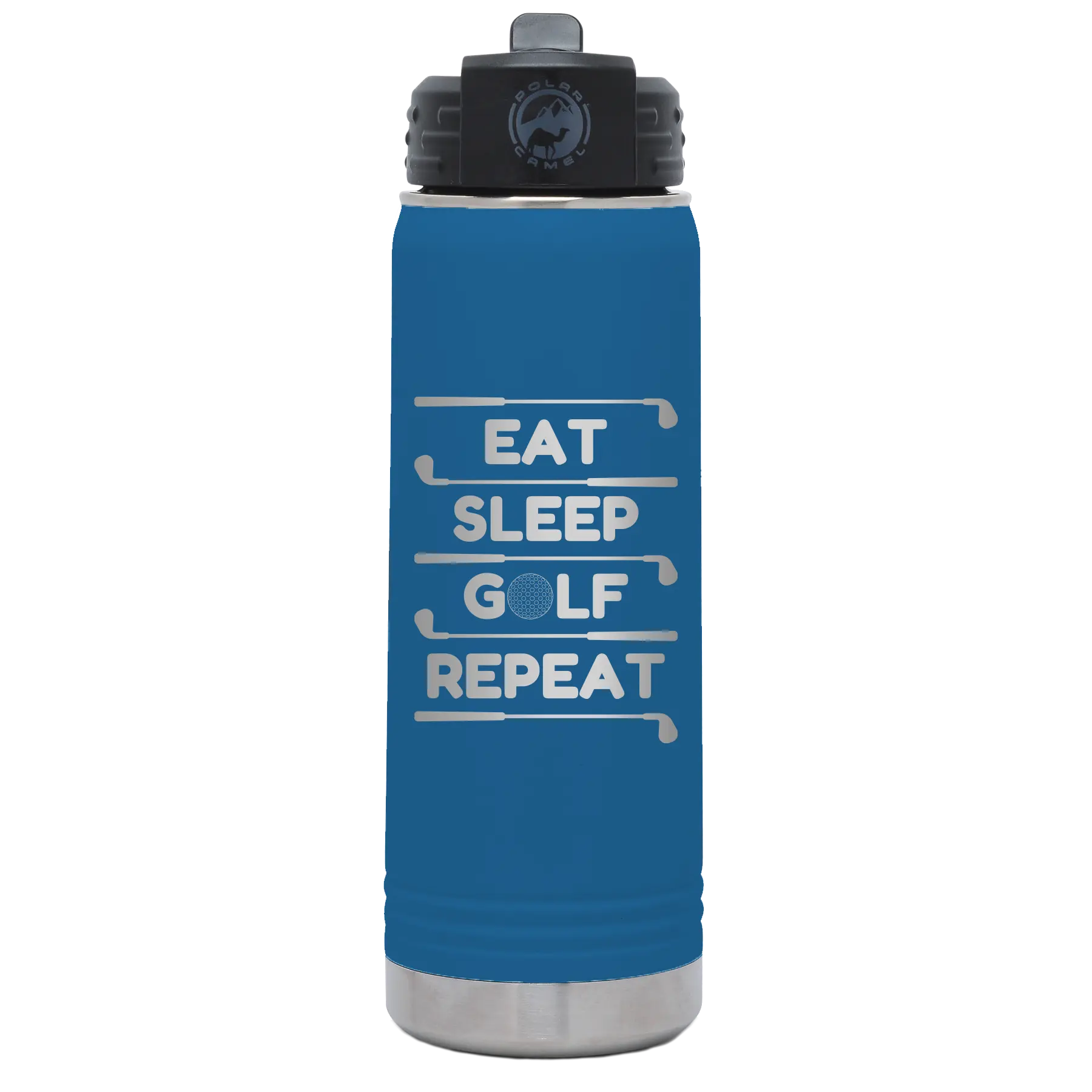 Laser etched royal blue 20 oz vacuum insulated water bottle with 'Eat Sleep Golf Repeat' design
