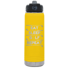 Laser etched yellow 20 oz vacuum insulated water bottle with 'Eat Sleep Golf Repeat' design