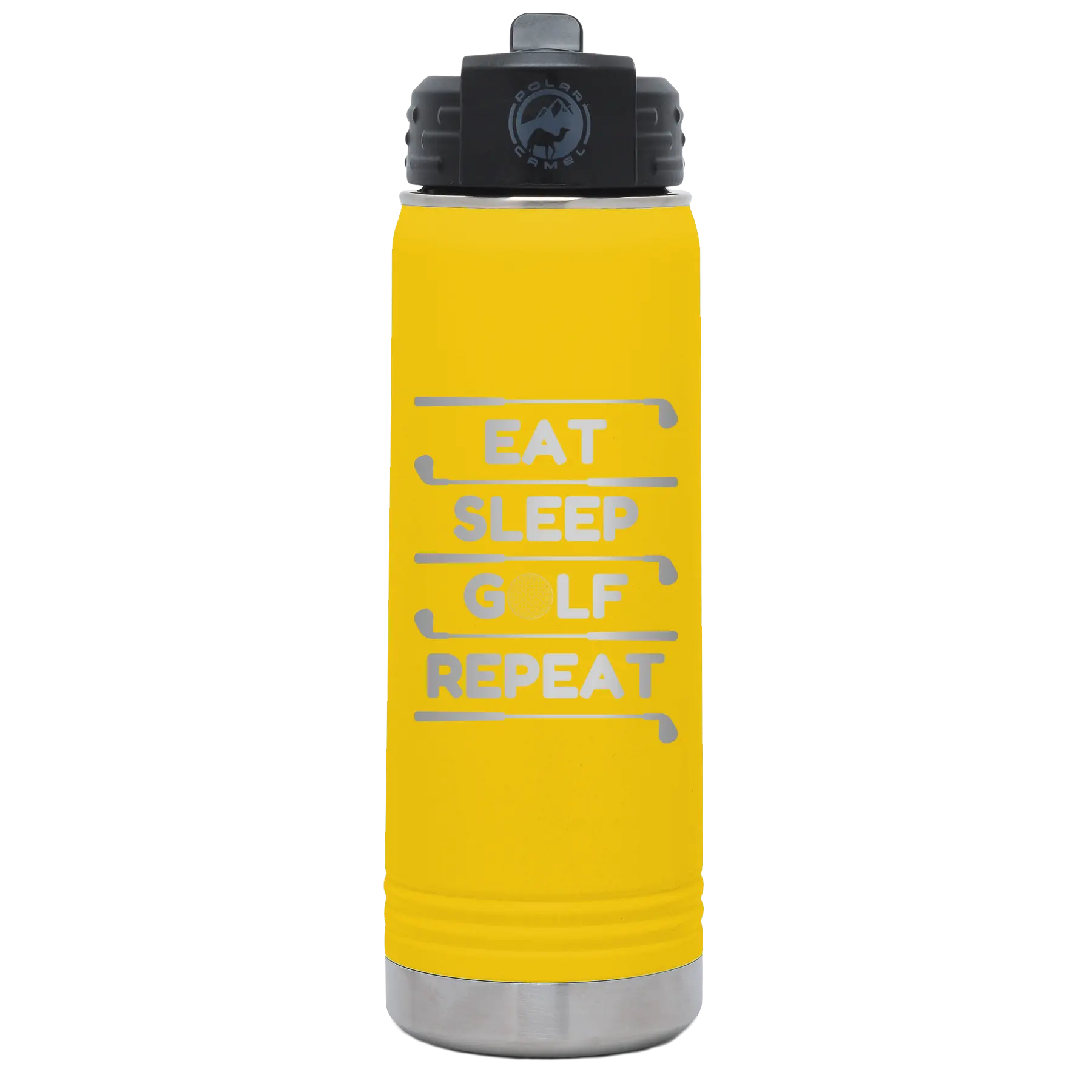 Laser etched yellow 20 oz vacuum insulated water bottle with 'Eat Sleep Golf Repeat' design