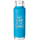 Laser etched aqua 24 oz vacuum insulated water bottle with 'Eat Sleep Golf Repeat' design