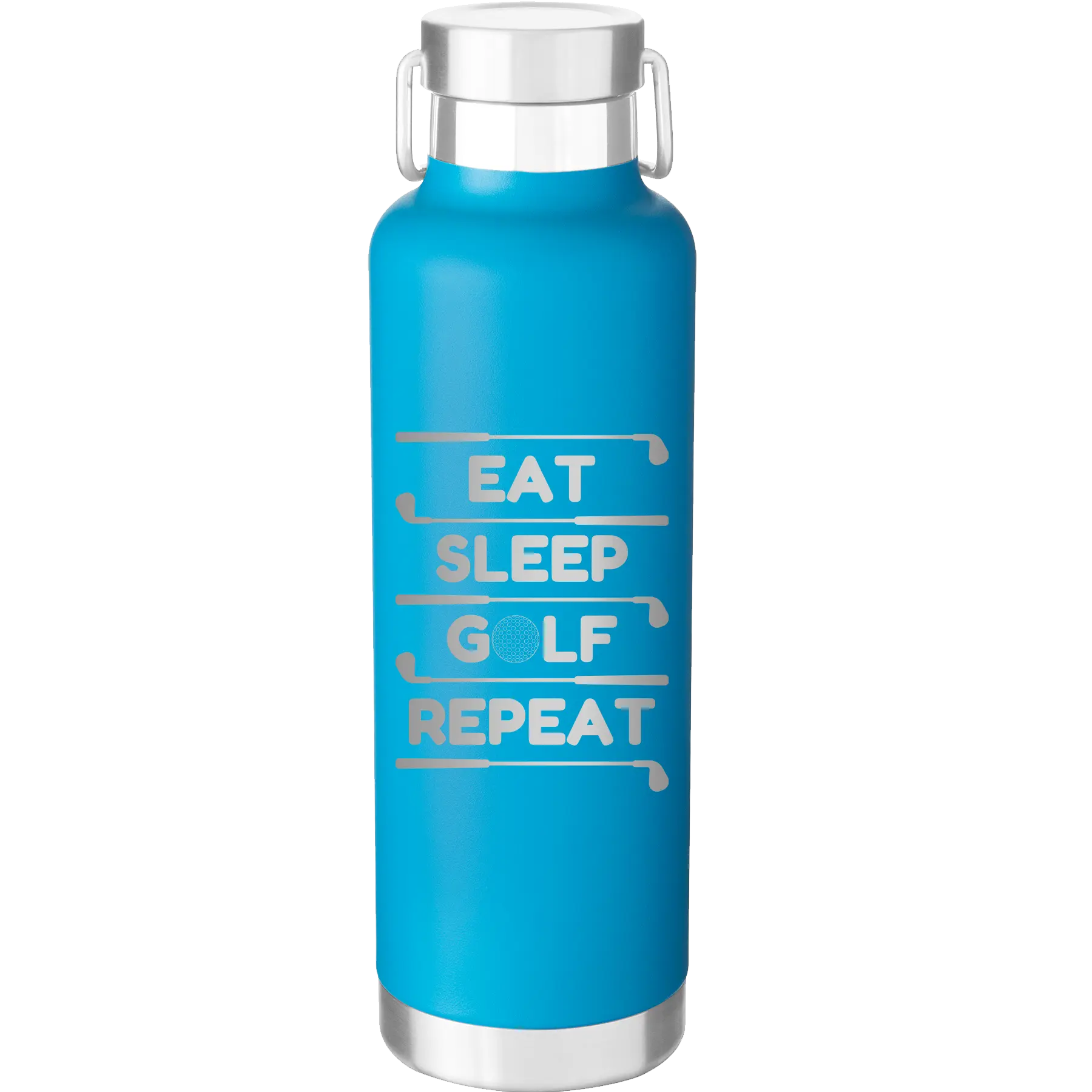Laser etched aqua 24 oz vacuum insulated water bottle with 'Eat Sleep Golf Repeat' design