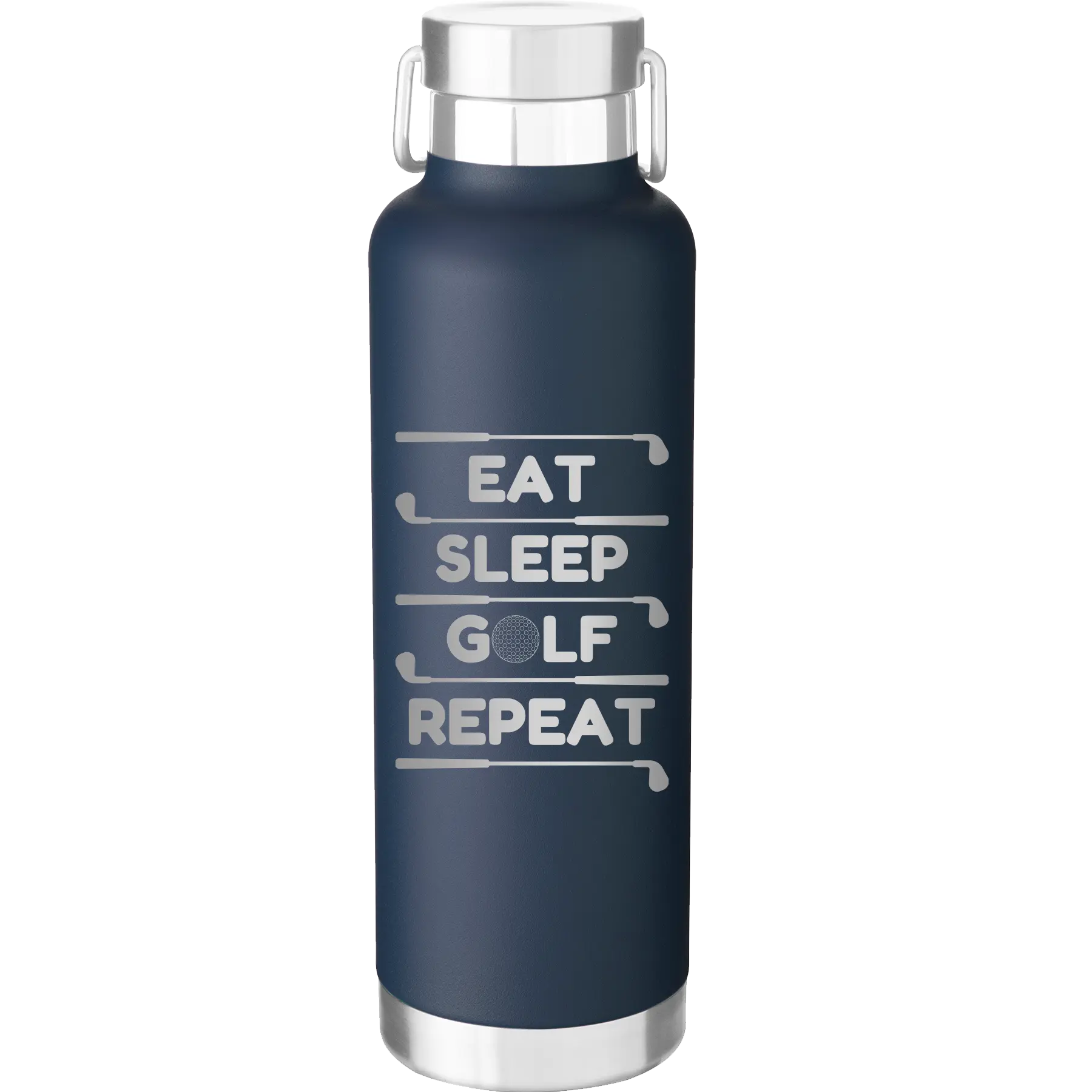Laser etched navy 24 oz vacuum insulated water bottle with 'Eat Sleep Golf Repeat' design