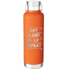 Laser etched orange 24 oz vacuum insulated water bottle with 'Eat Sleep Golf Repeat' design