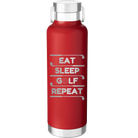 Laser etched red 24 oz vacuum insulated water bottle with 'Eat Sleep Golf Repeat' design