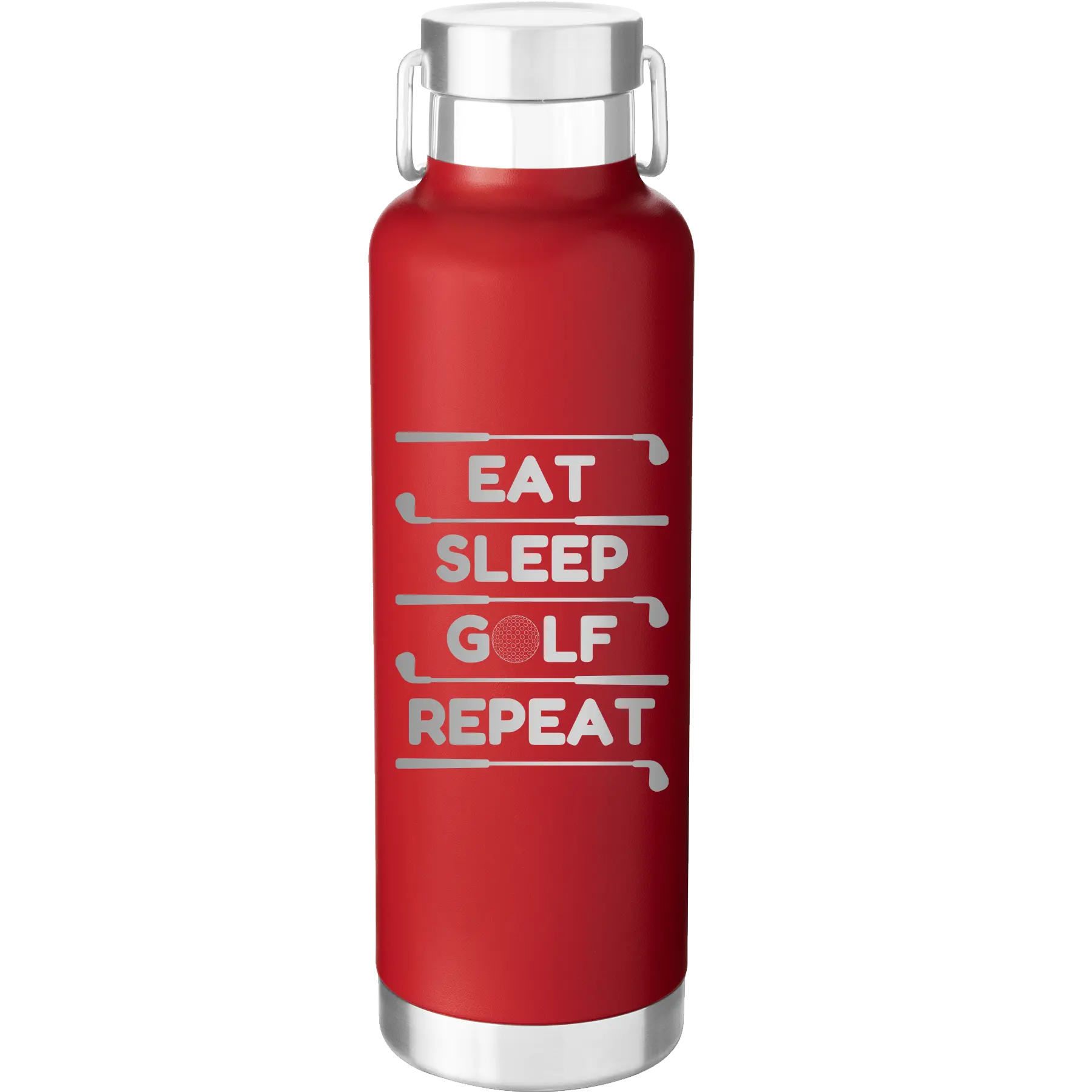 Laser etched red 24 oz vacuum insulated water bottle with 'Eat Sleep Golf Repeat' design