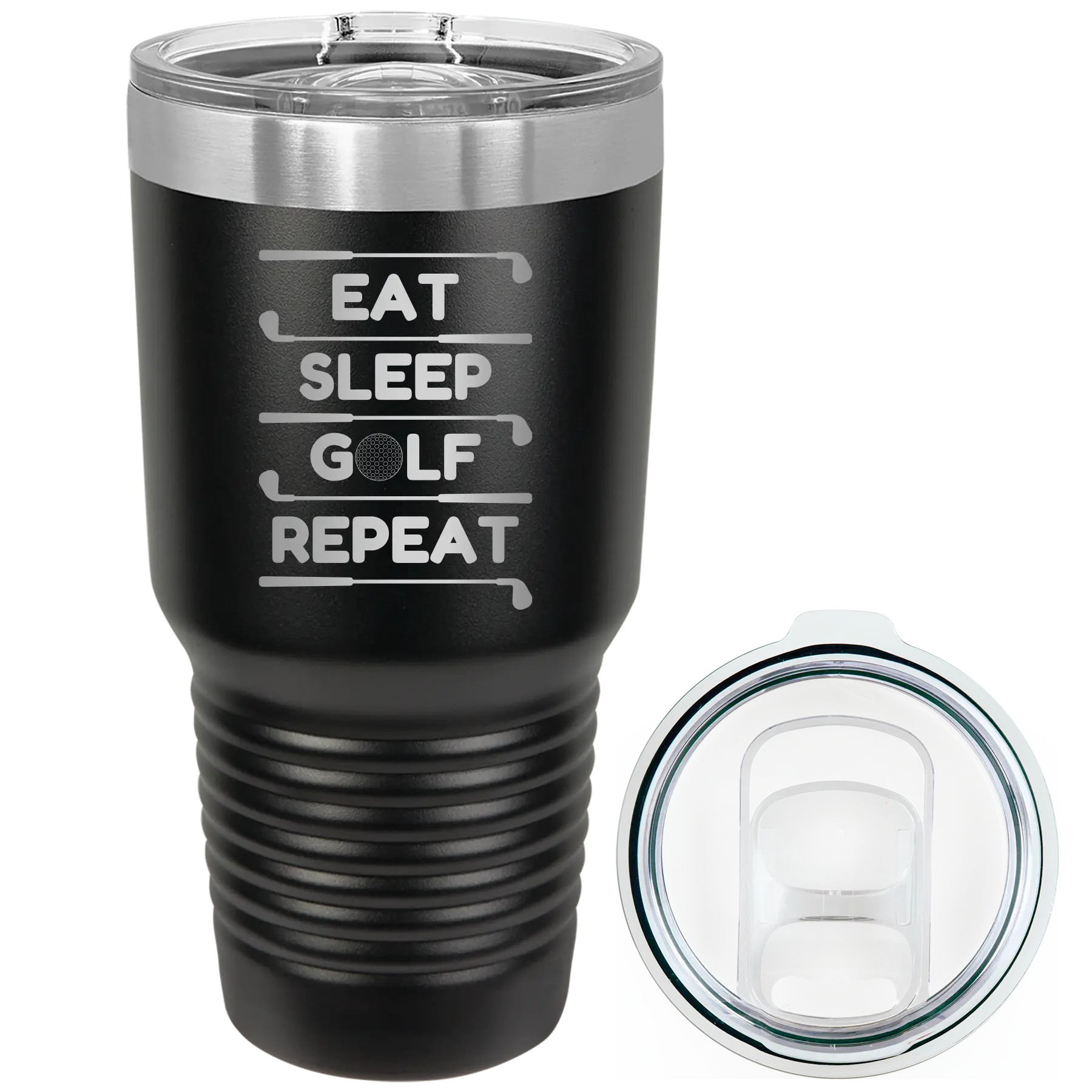 Laser etched black 30 oz vacuum insulated tumbler with 'Eat Sleep Golf Repeat' design