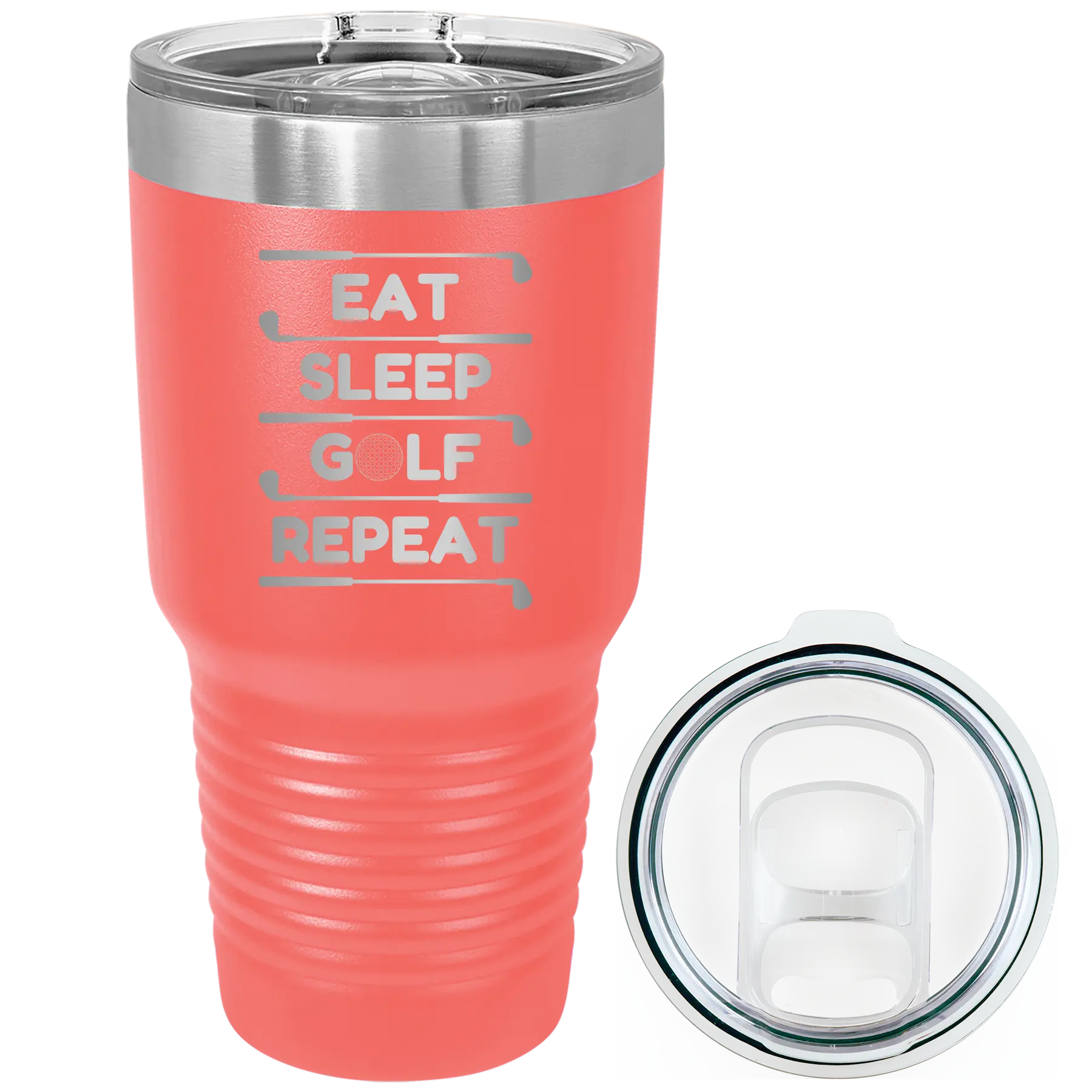 Laser etched coral 30 oz vacuum insulated tumbler with 'Eat Sleep Golf Repeat' design