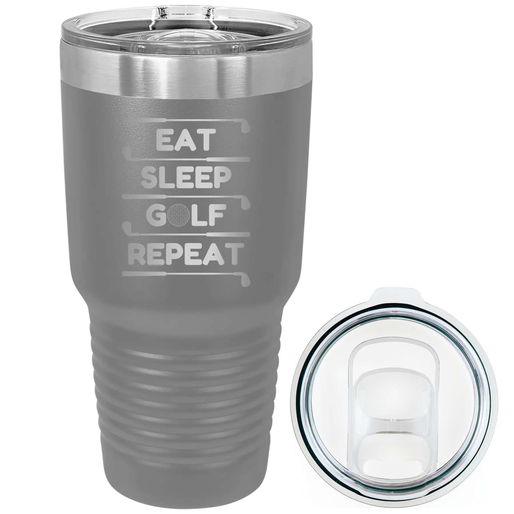 Laser etched dark gray 30 oz vacuum insulated tumbler with 'Eat Sleep Golf Repeat' design