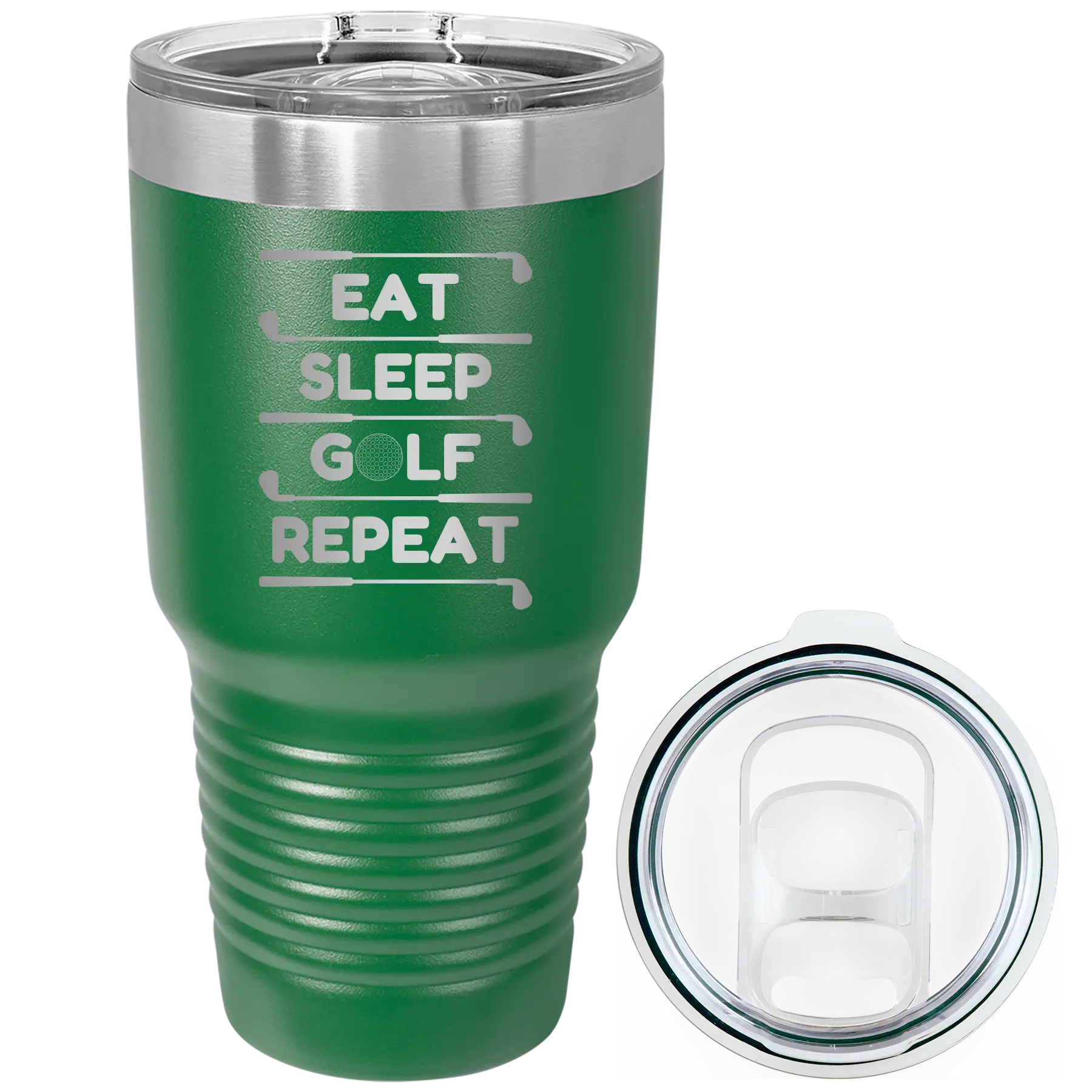 Laser etched green 30 oz vacuum insulated tumbler with 'Eat Sleep Golf Repeat' design