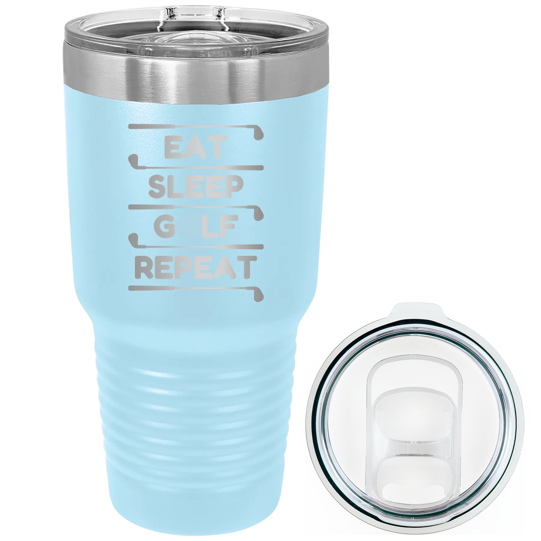 Laser etched light blue 30 oz vacuum insulated tumbler with 'Eat Sleep Golf Repeat' design