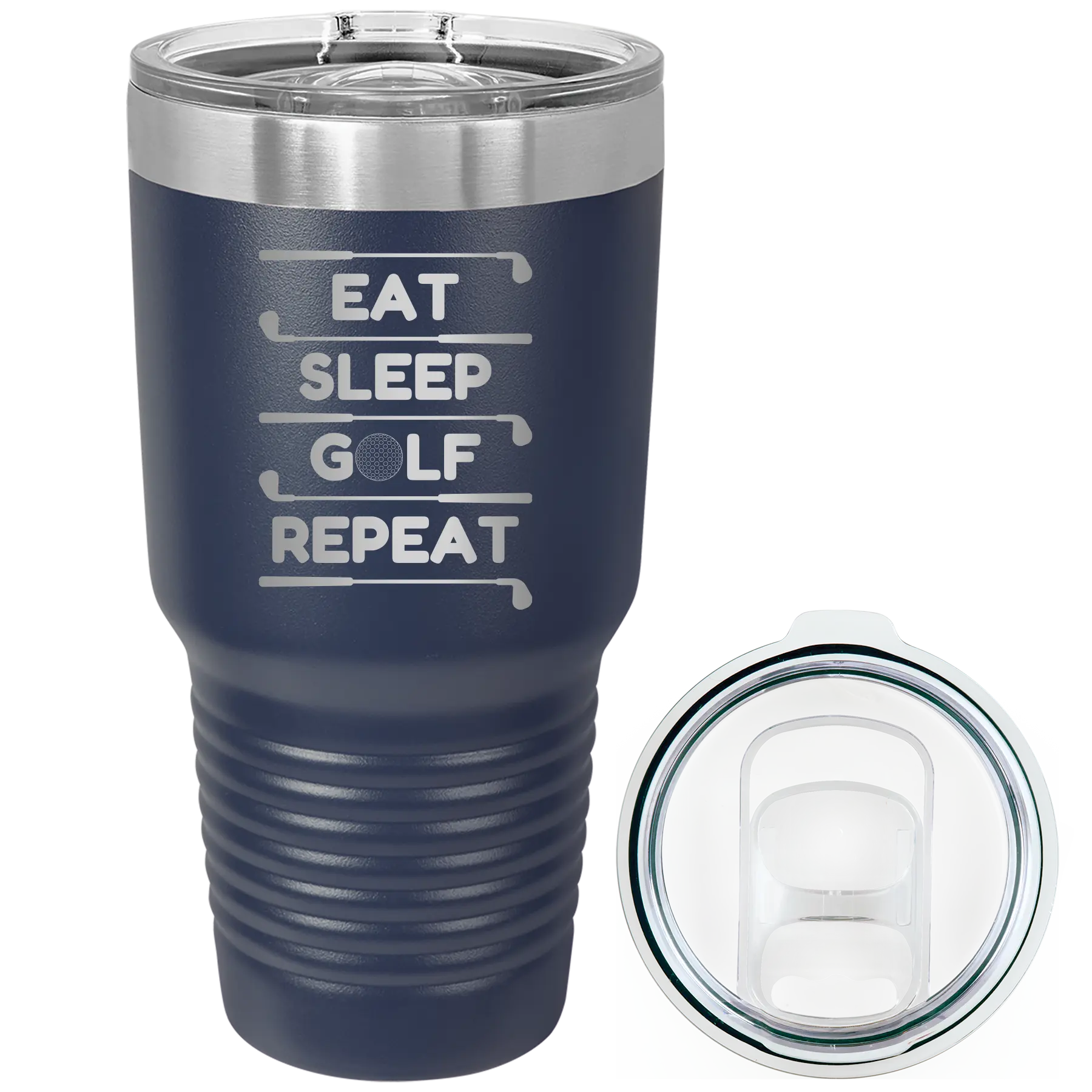 Laser etched navy 30 oz vacuum insulated tumbler with 'Eat Sleep Golf Repeat' design