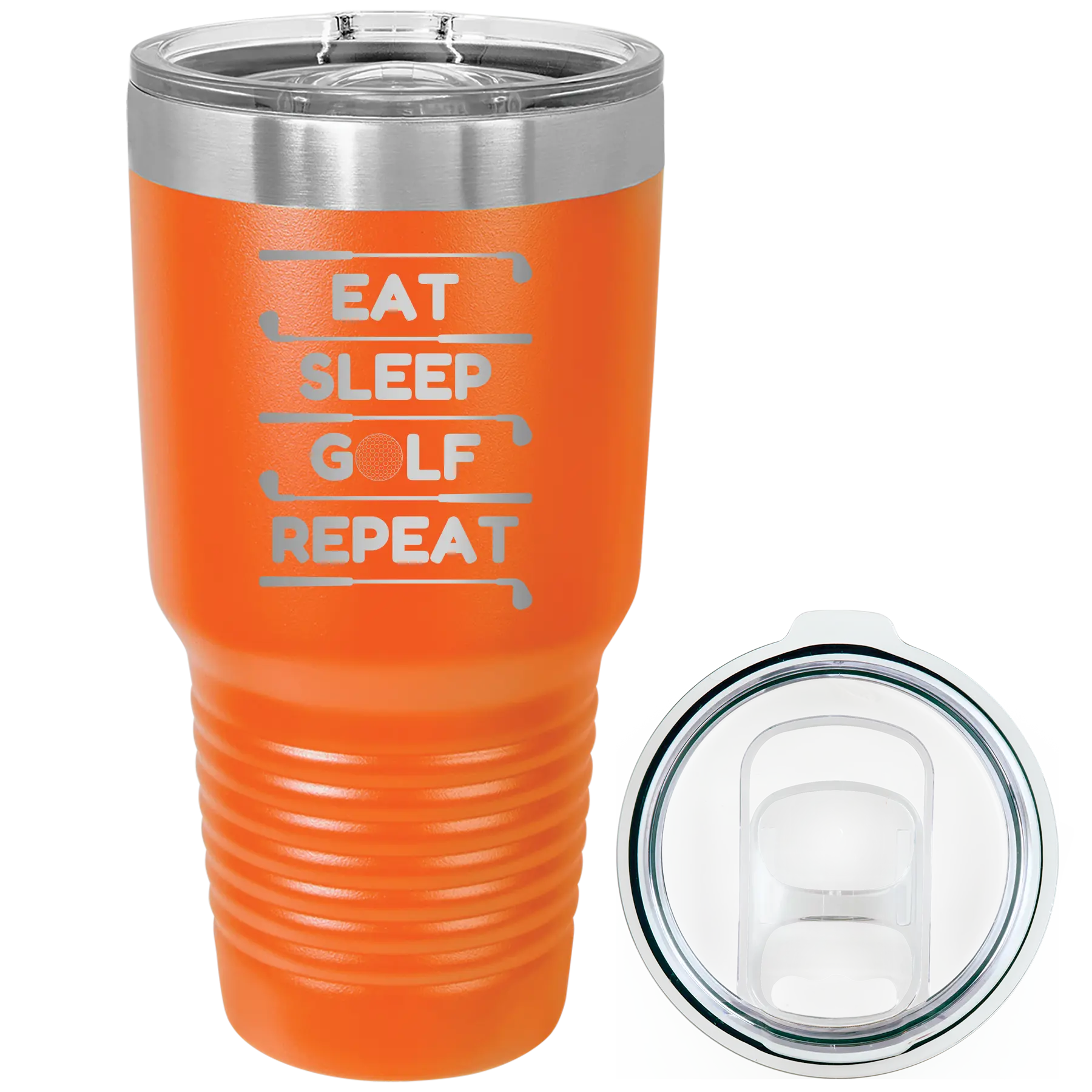 Laser etched orange 30 oz vacuum insulated tumbler with 'Eat Sleep Golf Repeat' design