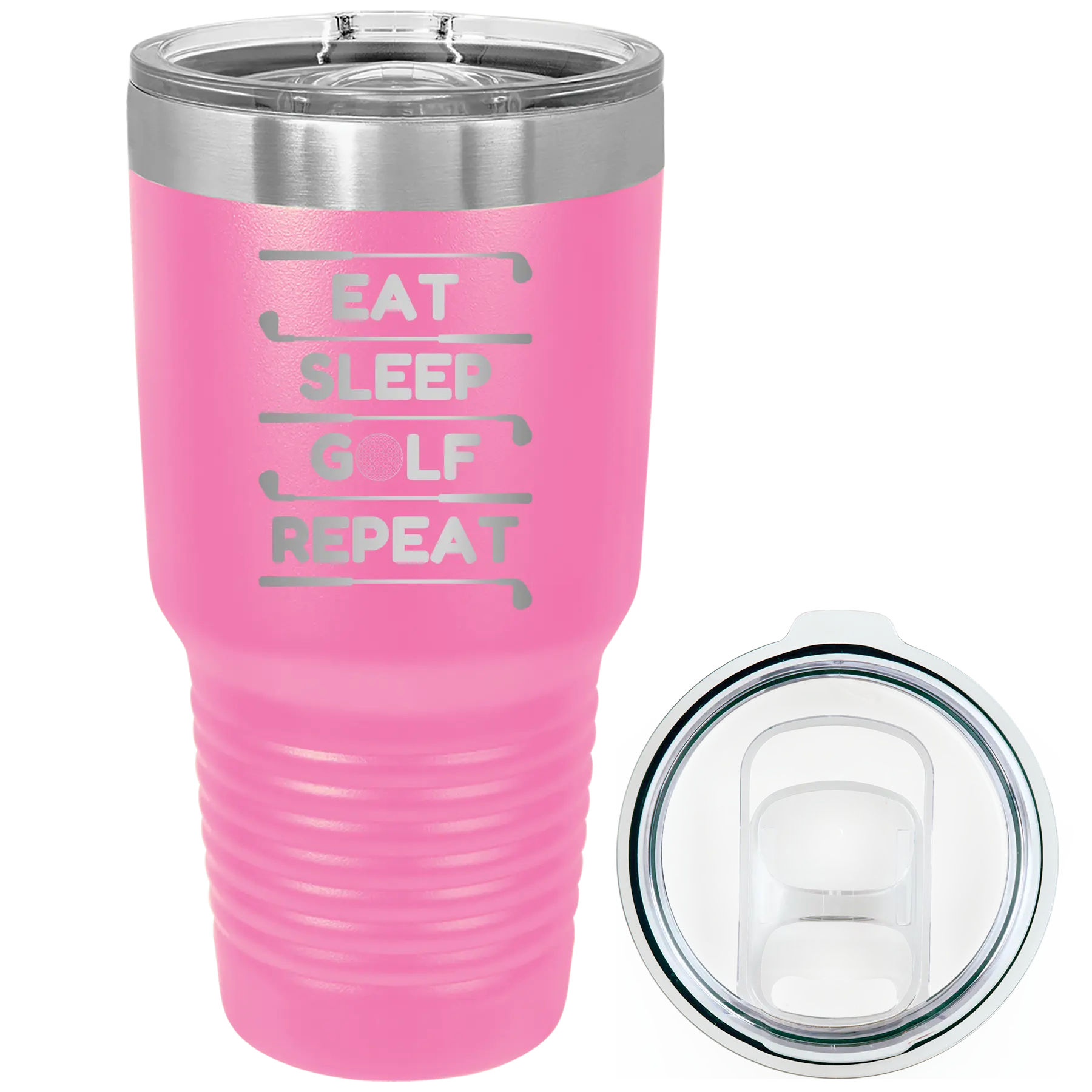 Laser etched pink 30 oz vacuum insulated tumbler with 'Eat Sleep Golf Repeat' design