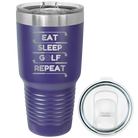 Laser etched purple 30 oz vacuum insulated tumbler with 'Eat Sleep Golf Repeat' design