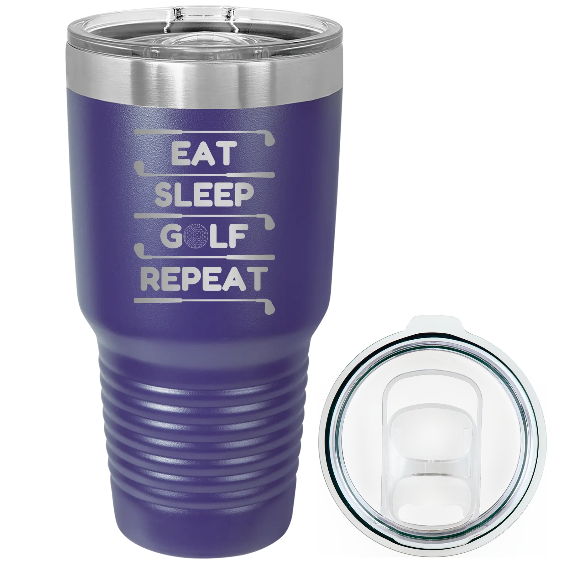 Laser etched purple 30 oz vacuum insulated tumbler with 'Eat Sleep Golf Repeat' design