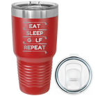 Laser etched red 30 oz vacuum insulated tumbler with 'Eat Sleep Golf Repeat' design