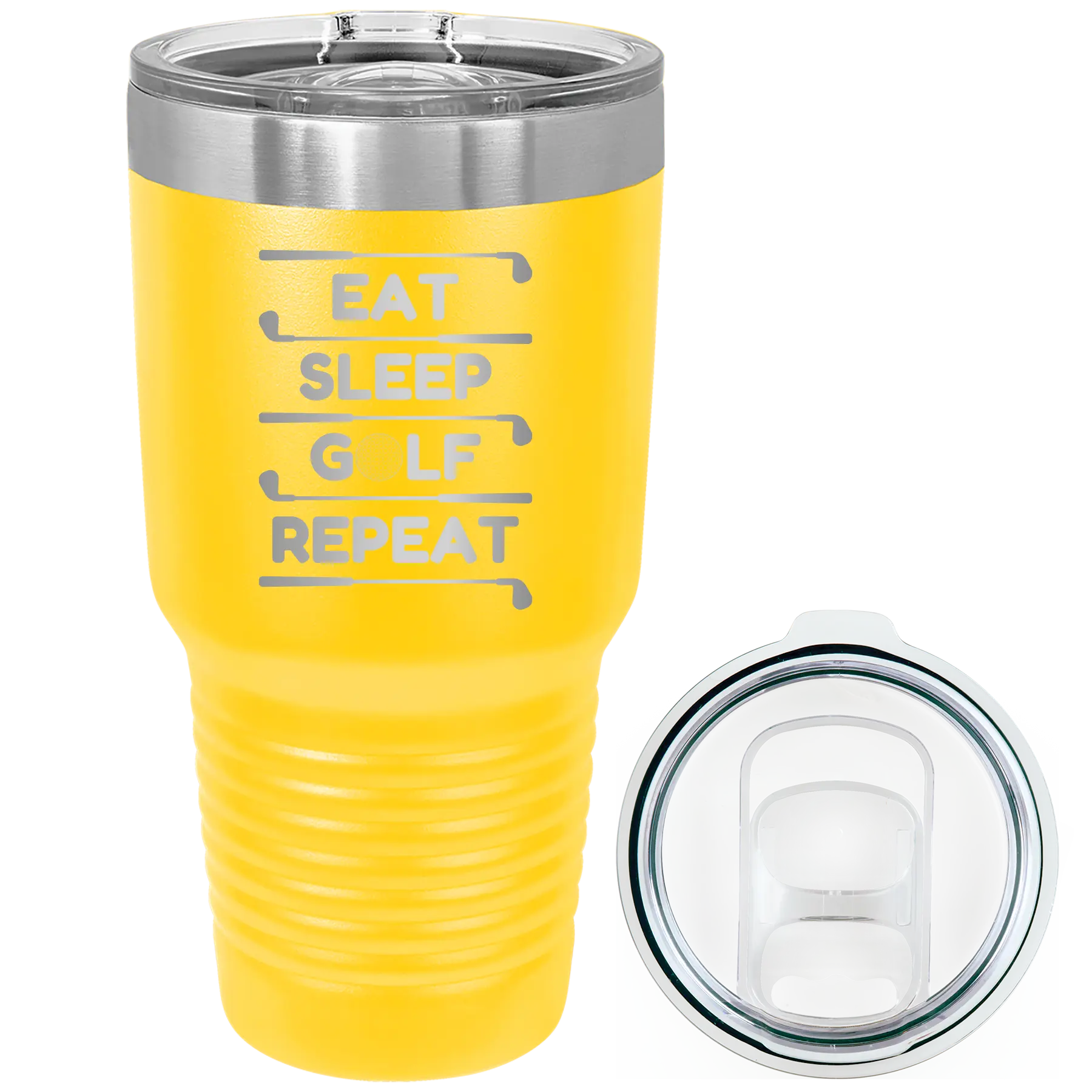 Laser etched yellow 30 oz vacuum insulated tumbler with 'Eat Sleep Golf Repeat' design