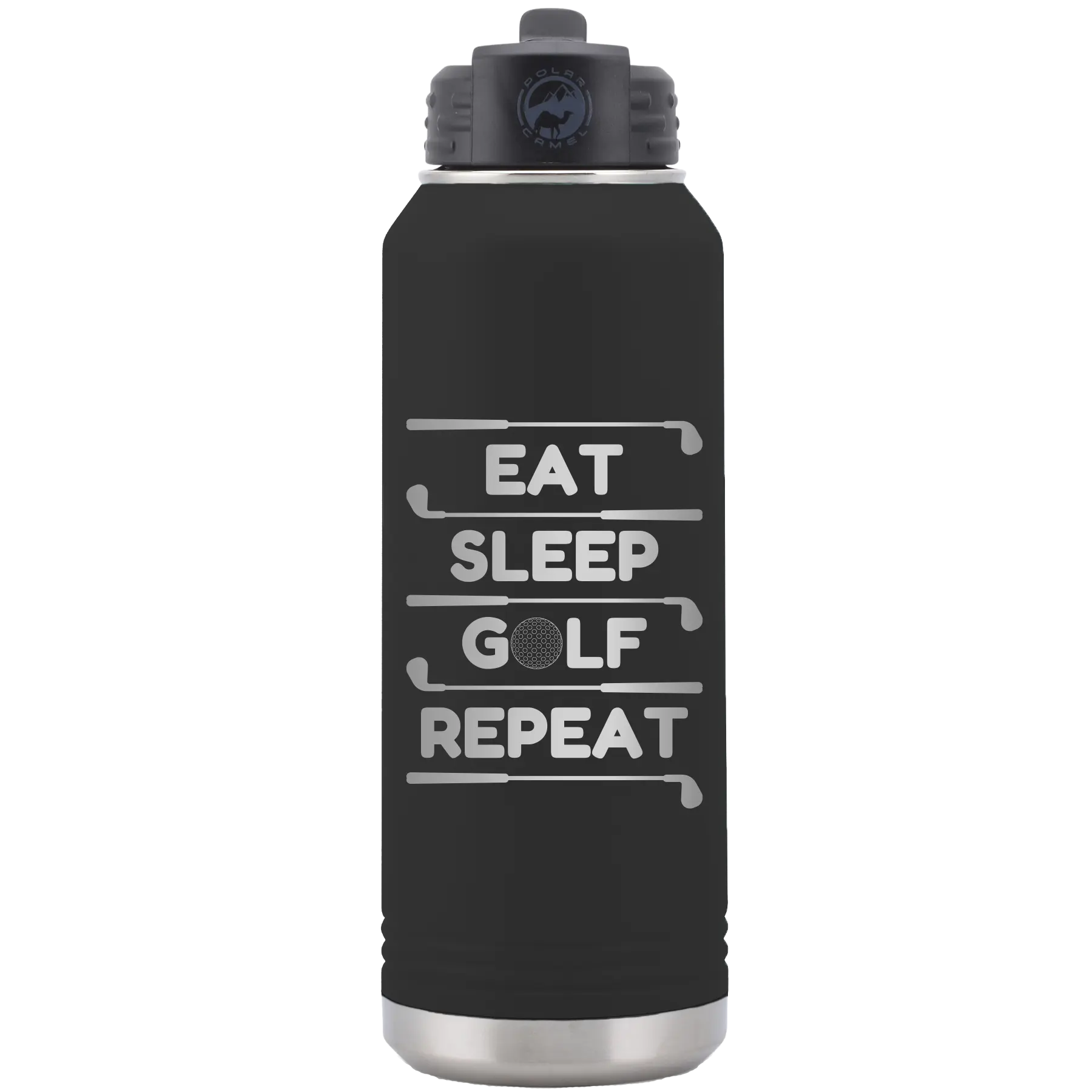 Laser etched black 32 oz vacuum insulated water bottle with 'Eat Sleep Golf Repeat' design
