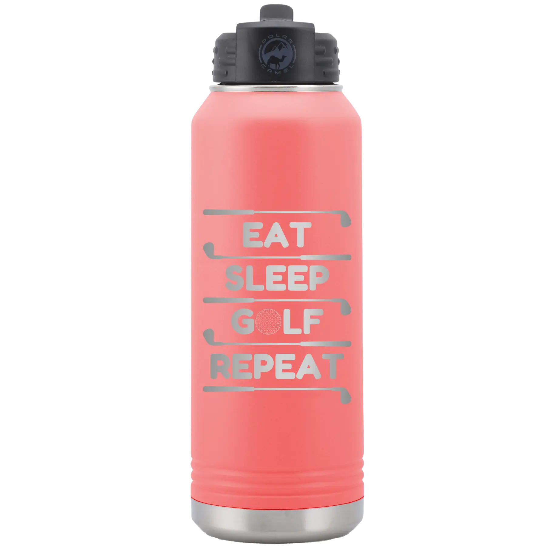 Laser etched coral 32 oz vacuum insulated water bottle with 'Eat Sleep Golf Repeat' design