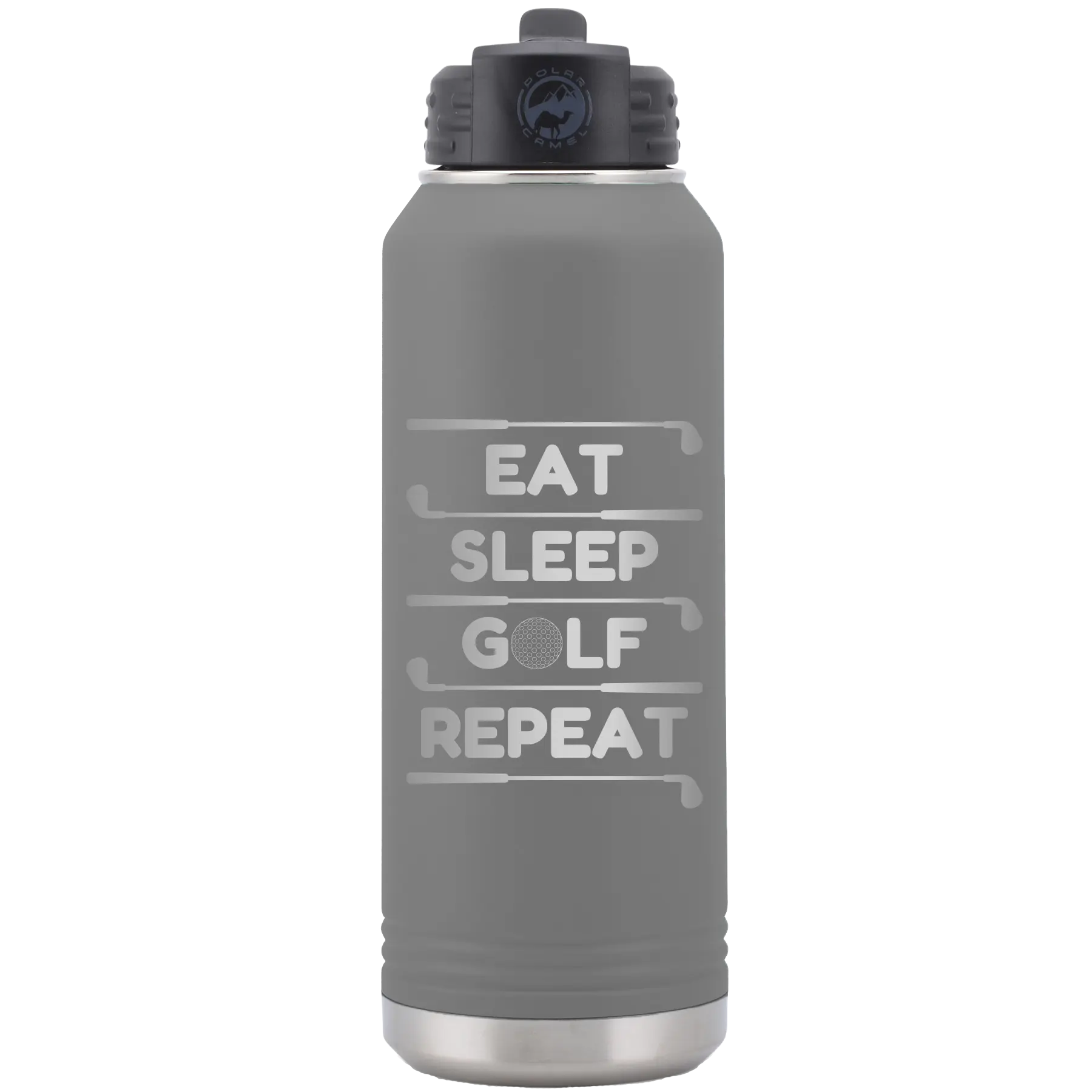 Laser etched dark gray 32 oz vacuum insulated water bottle with 'Eat Sleep Golf Repeat' design