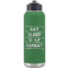 Laser etched green 32 oz vacuum insulated water bottle with 'Eat Sleep Golf Repeat' design
