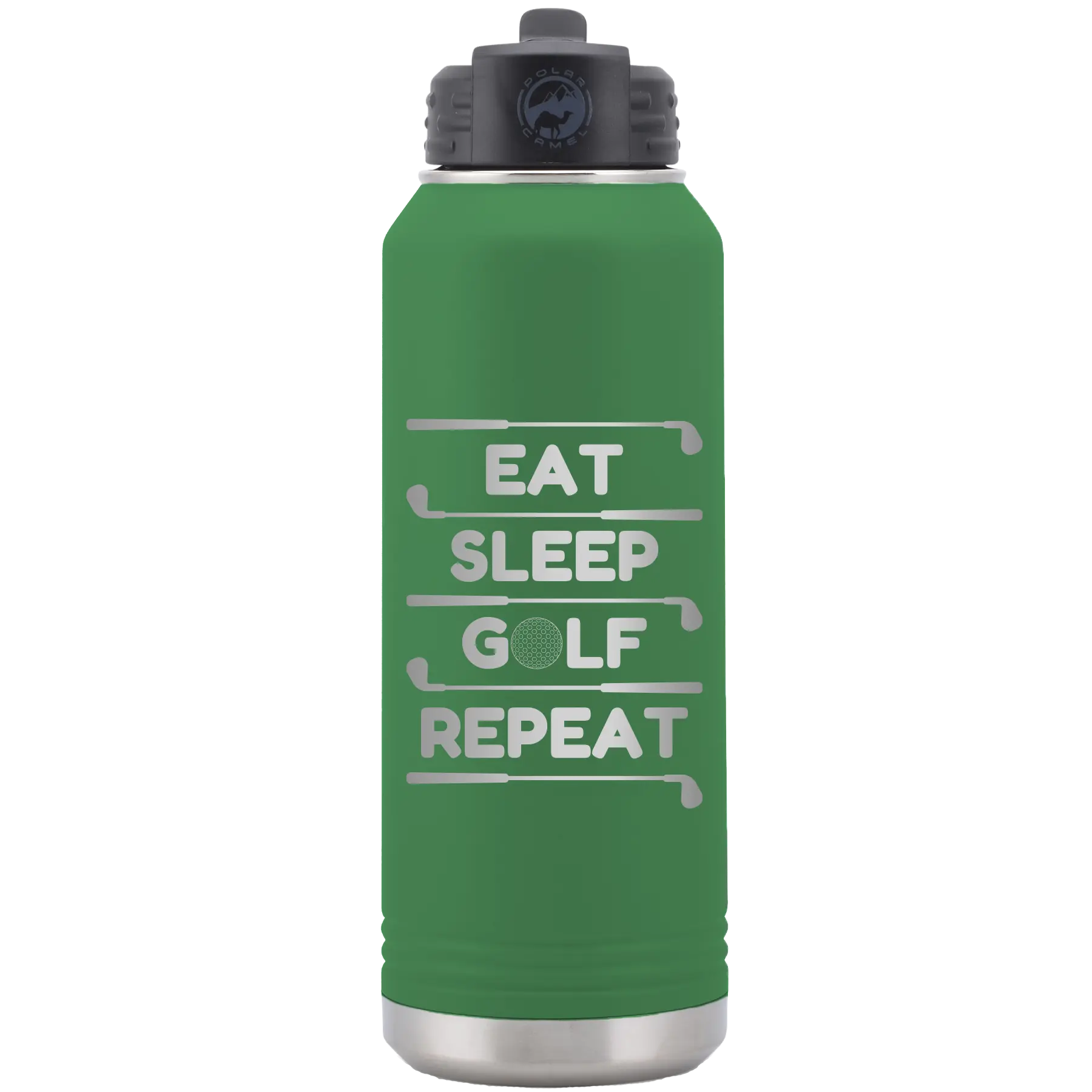 Laser etched green 32 oz vacuum insulated water bottle with 'Eat Sleep Golf Repeat' design