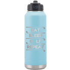 Laser etched light blue 32 oz vacuum insulated water bottle with 'Eat Sleep Golf Repeat' design