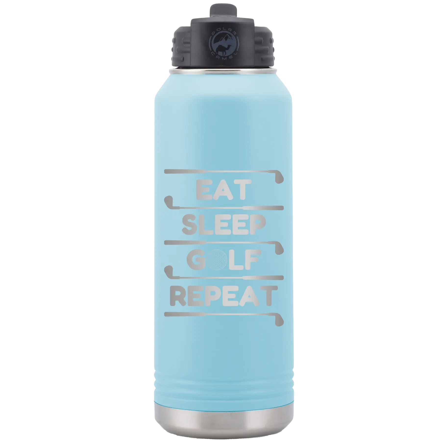 Laser etched light blue 32 oz vacuum insulated water bottle with 'Eat Sleep Golf Repeat' design