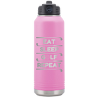 Laser etched light purple 32 oz vacuum insulated water bottle with 'Eat Sleep Golf Repeat' design