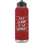 Laser etched maroon 32 oz vacuum insulated water bottle with 'Eat Sleep Golf Repeat' design
