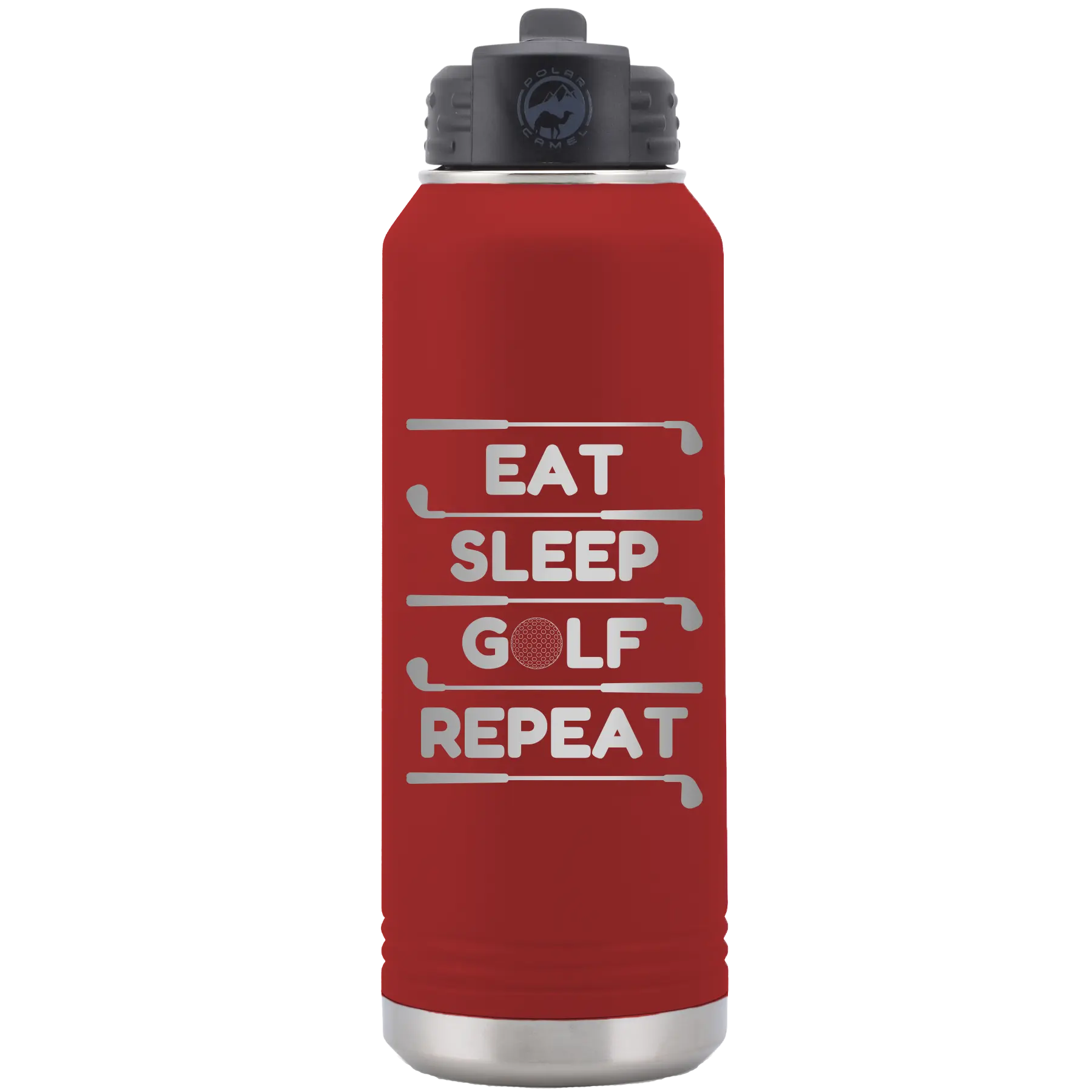 Laser etched maroon 32 oz vacuum insulated water bottle with 'Eat Sleep Golf Repeat' design