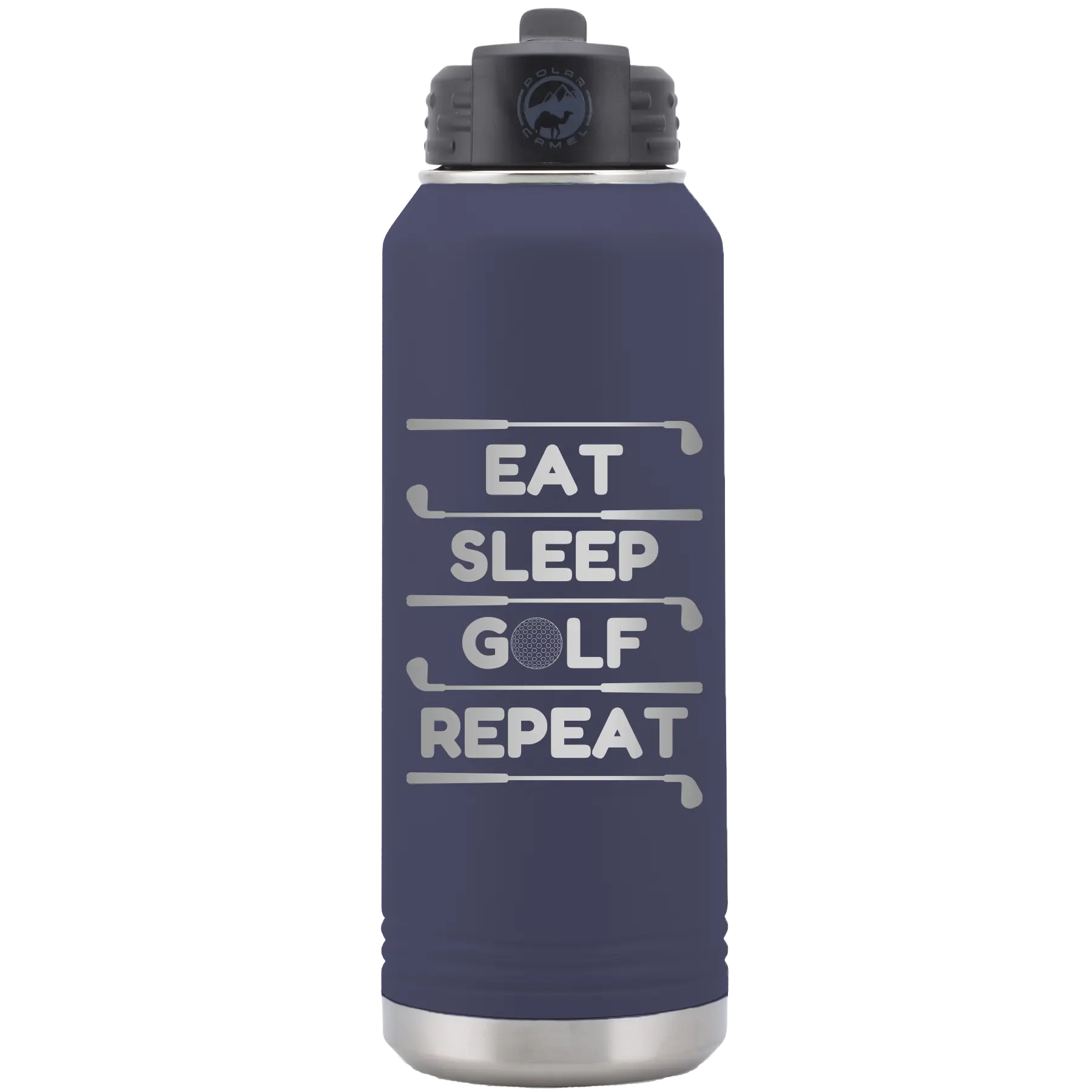 Laser etched navy 32 oz vacuum insulated water bottle with 'Eat Sleep Golf Repeat' design