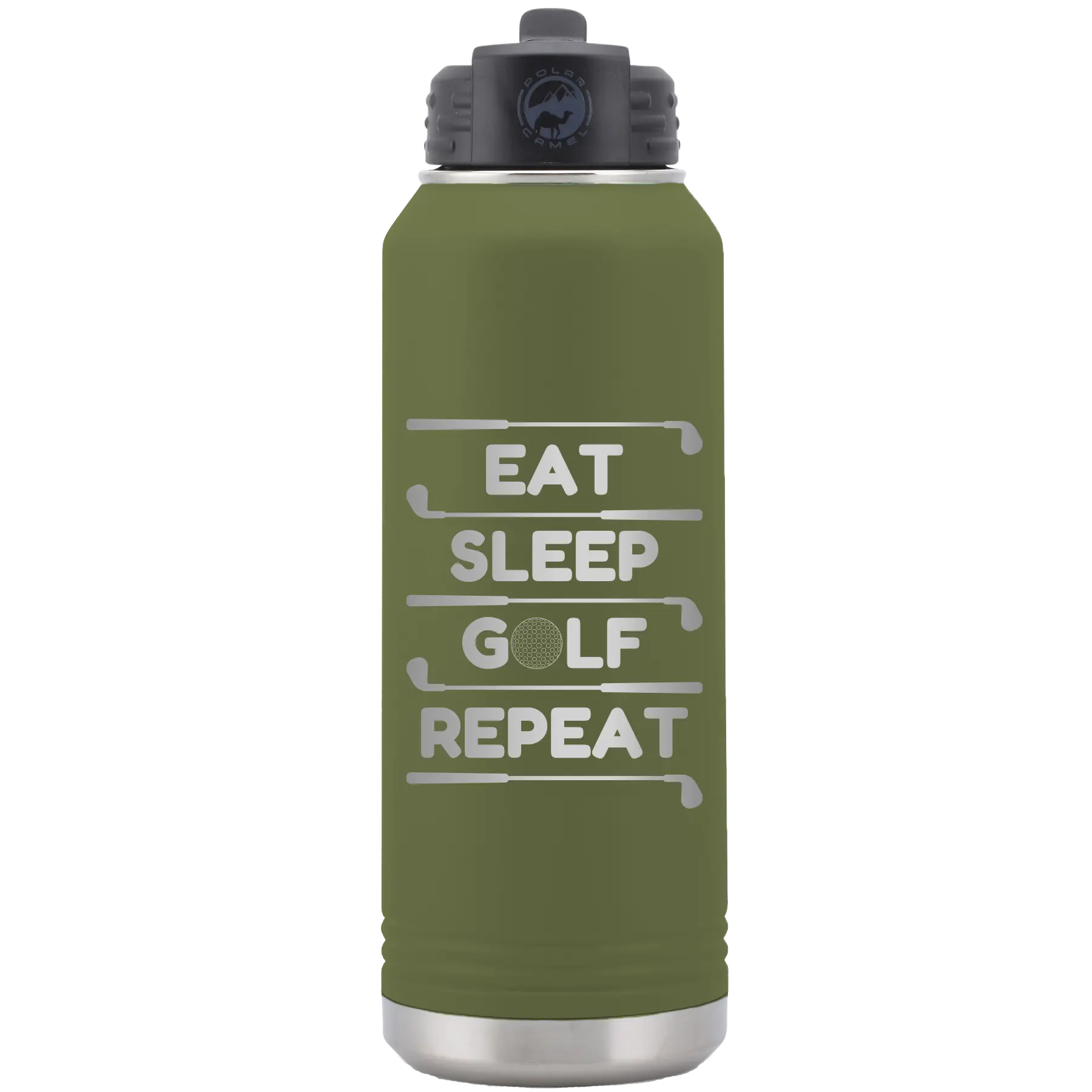 Laser etched olive green 32 oz vacuum insulated water bottle with 'Eat Sleep Golf Repeat' design