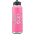 Laser etched pink 32 oz vacuum insulated water bottle with 'Eat Sleep Golf Repeat' design