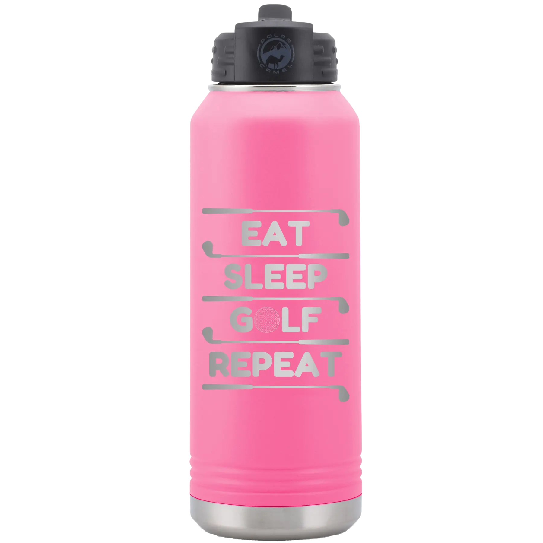 Laser etched pink 32 oz vacuum insulated water bottle with 'Eat Sleep Golf Repeat' design