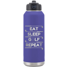 Laser etched purple 32 oz vacuum insulated water bottle with 'Eat Sleep Golf Repeat' design