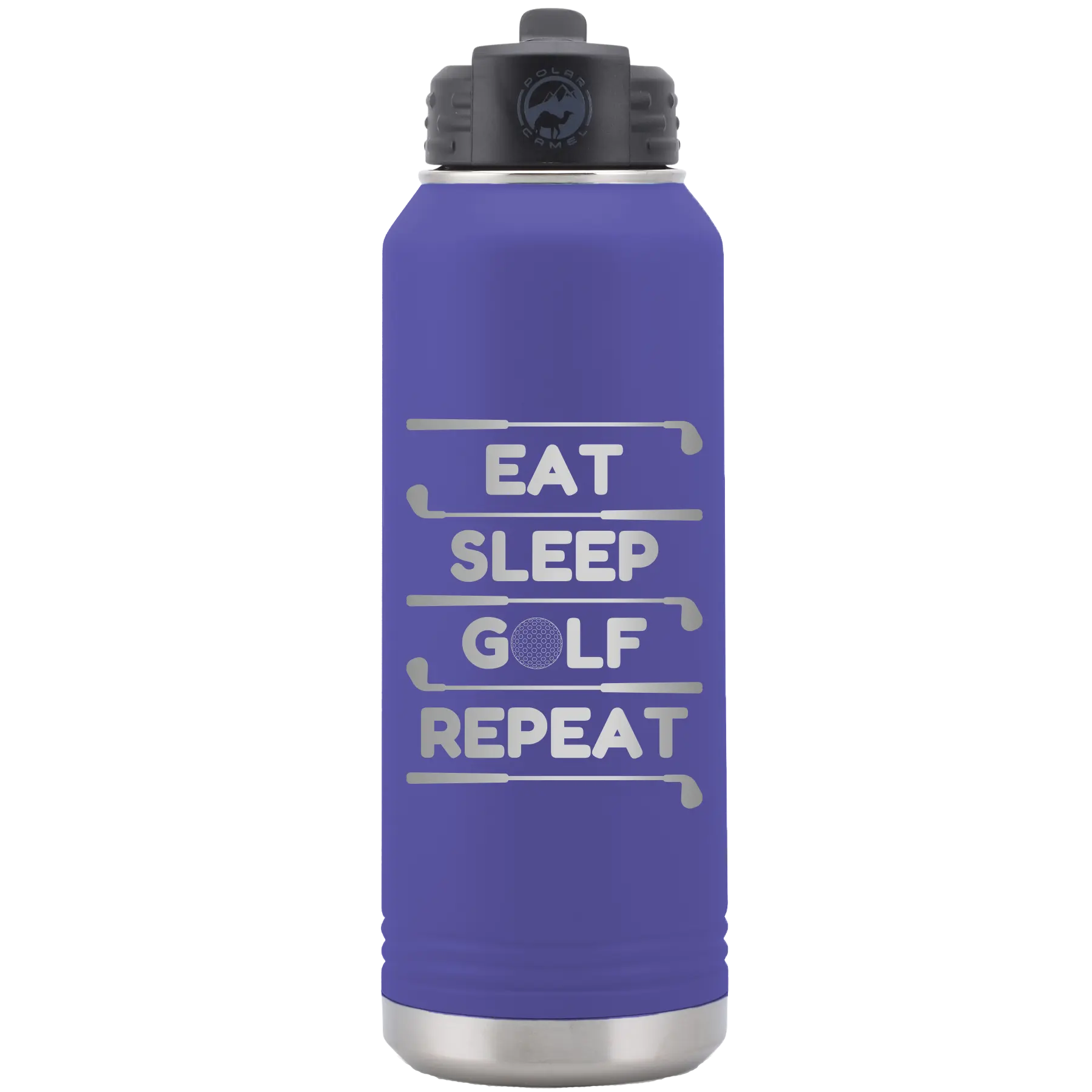 Laser etched purple 32 oz vacuum insulated water bottle with 'Eat Sleep Golf Repeat' design