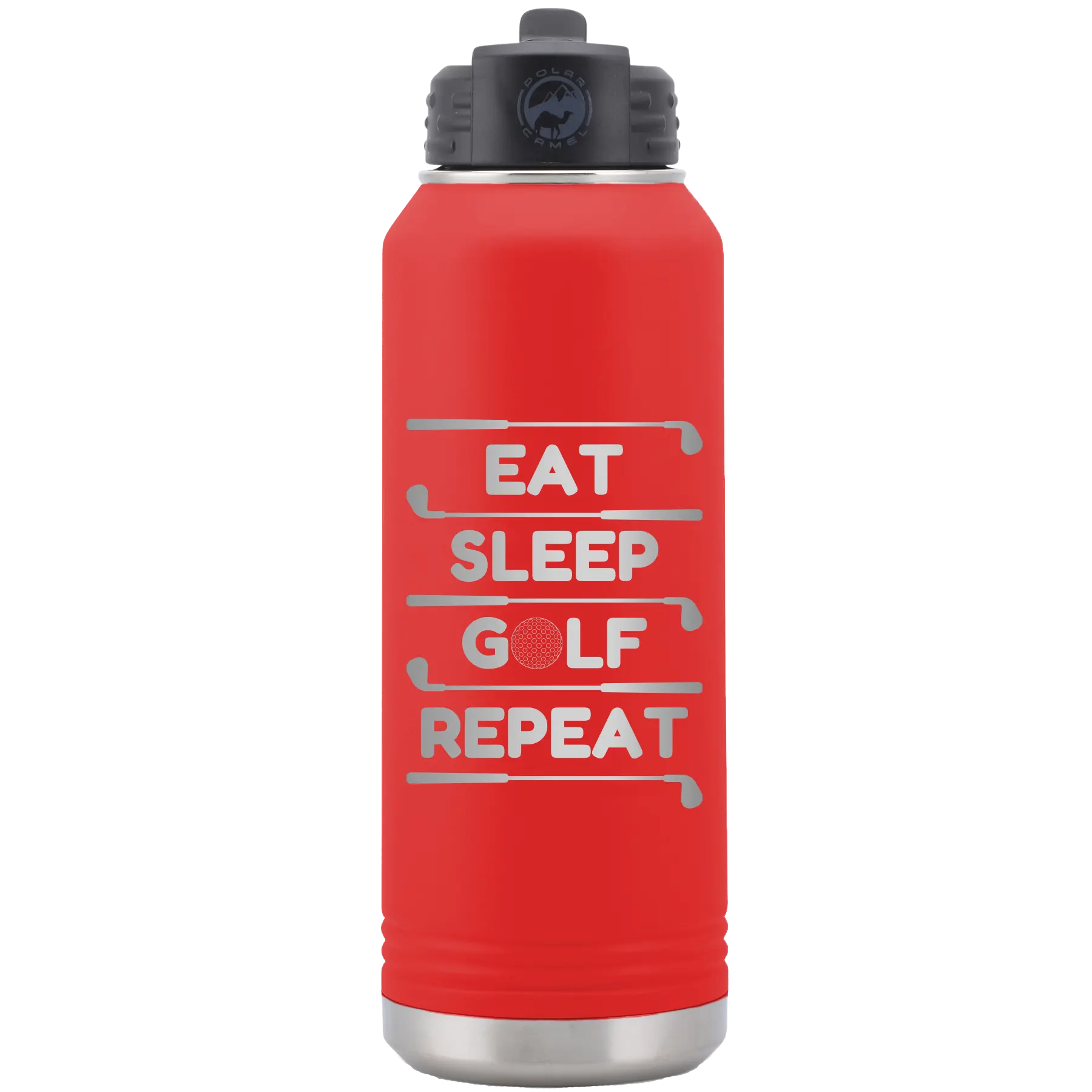 Laser etched red 32 oz vacuum insulated water bottle with 'Eat Sleep Golf Repeat' design