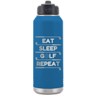 Laser etched royal blue 32 oz vacuum insulated water bottle with 'Eat Sleep Golf Repeat' design