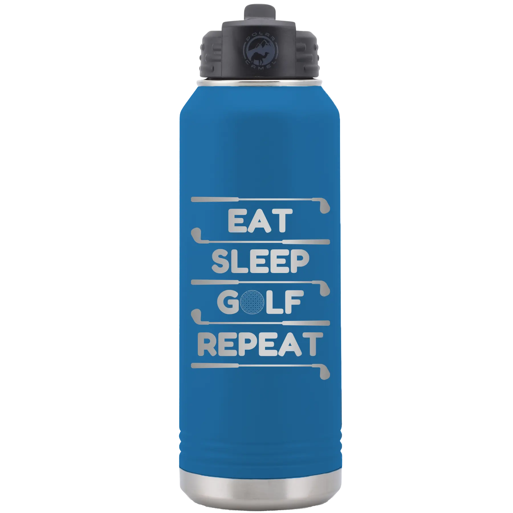 Laser etched royal blue 32 oz vacuum insulated water bottle with 'Eat Sleep Golf Repeat' design
